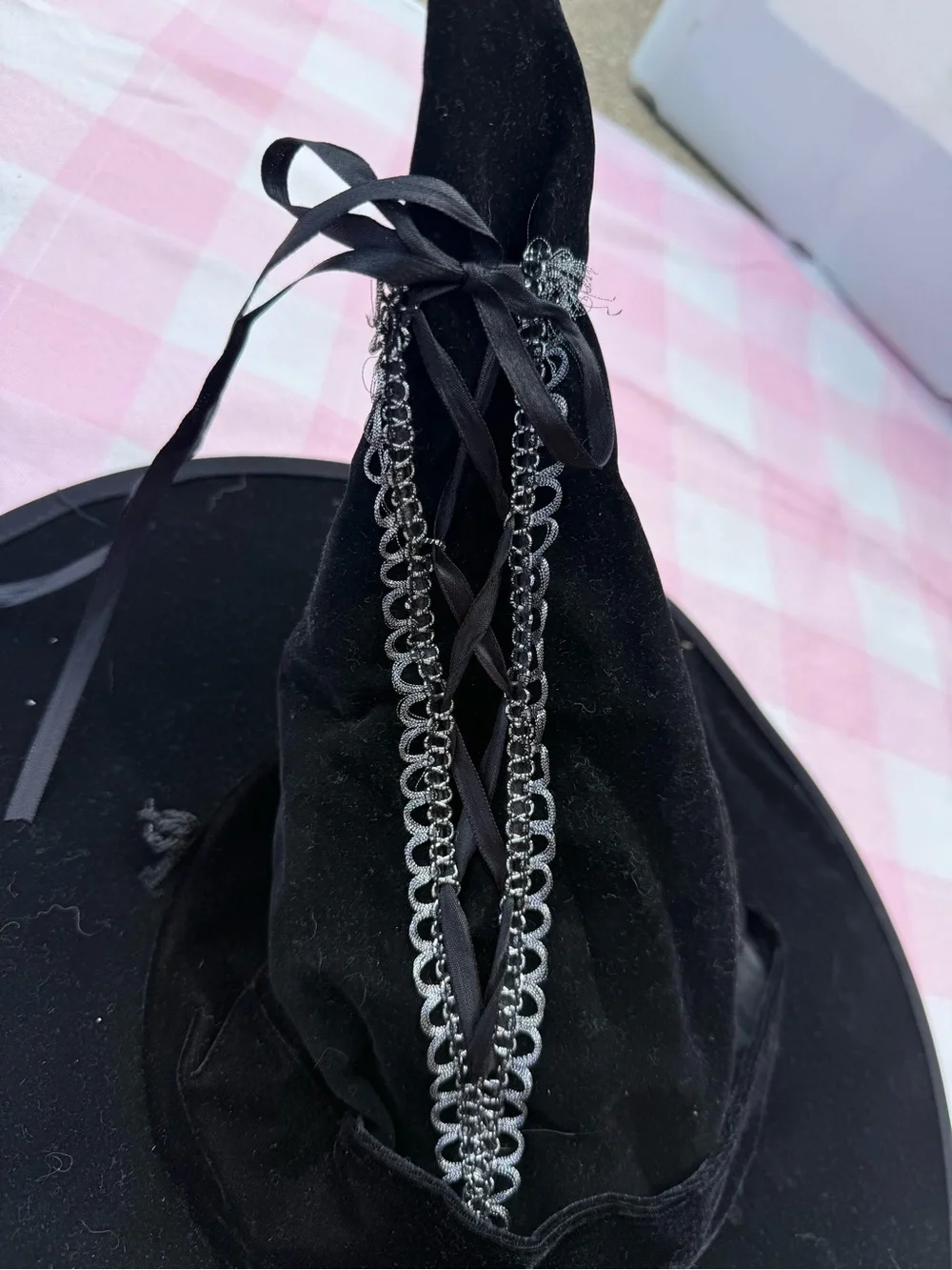 Black Velvet Witch Hat with Corset Detail-adult full size
